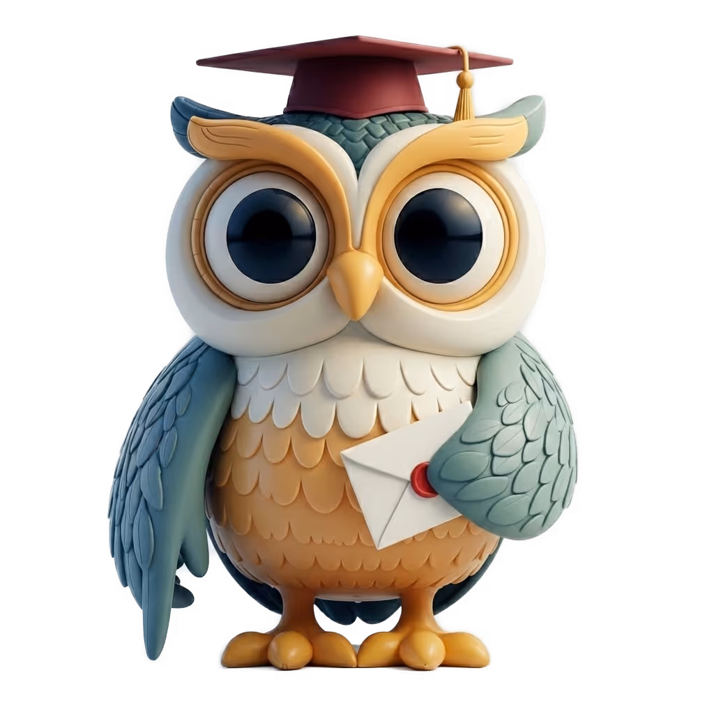 Cartoon owl wearing a red graduation cap and holding a sealed envelope.