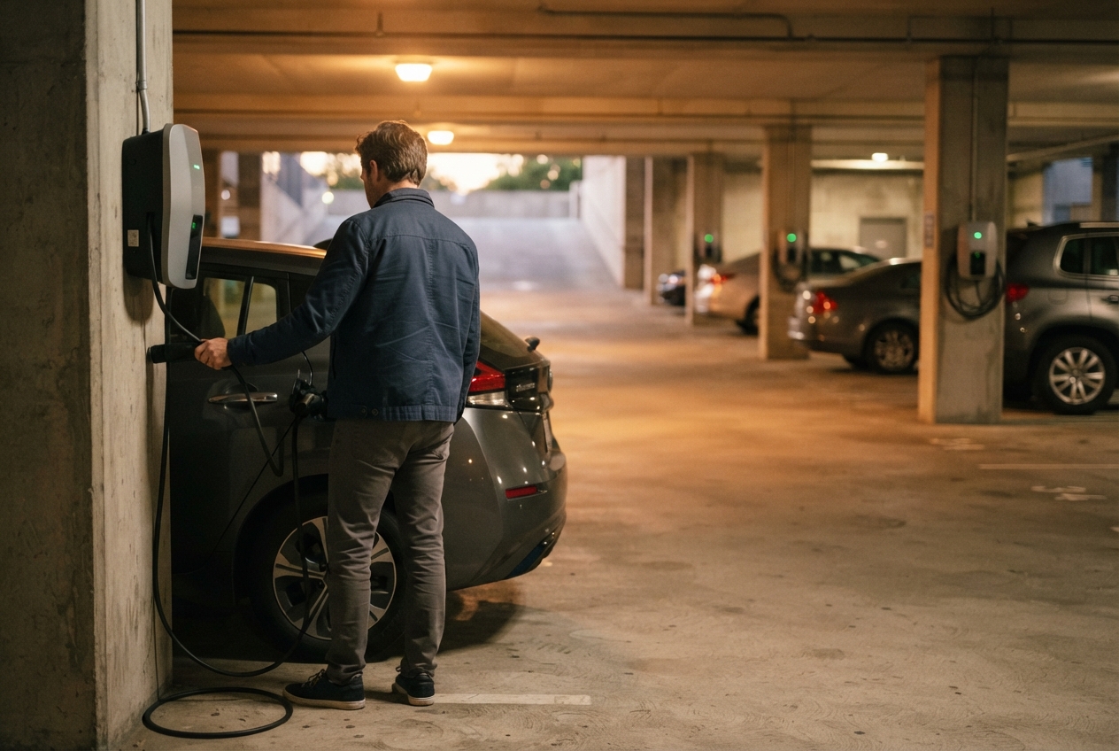 Cochera de edificio con cargadores para autos eléctricos