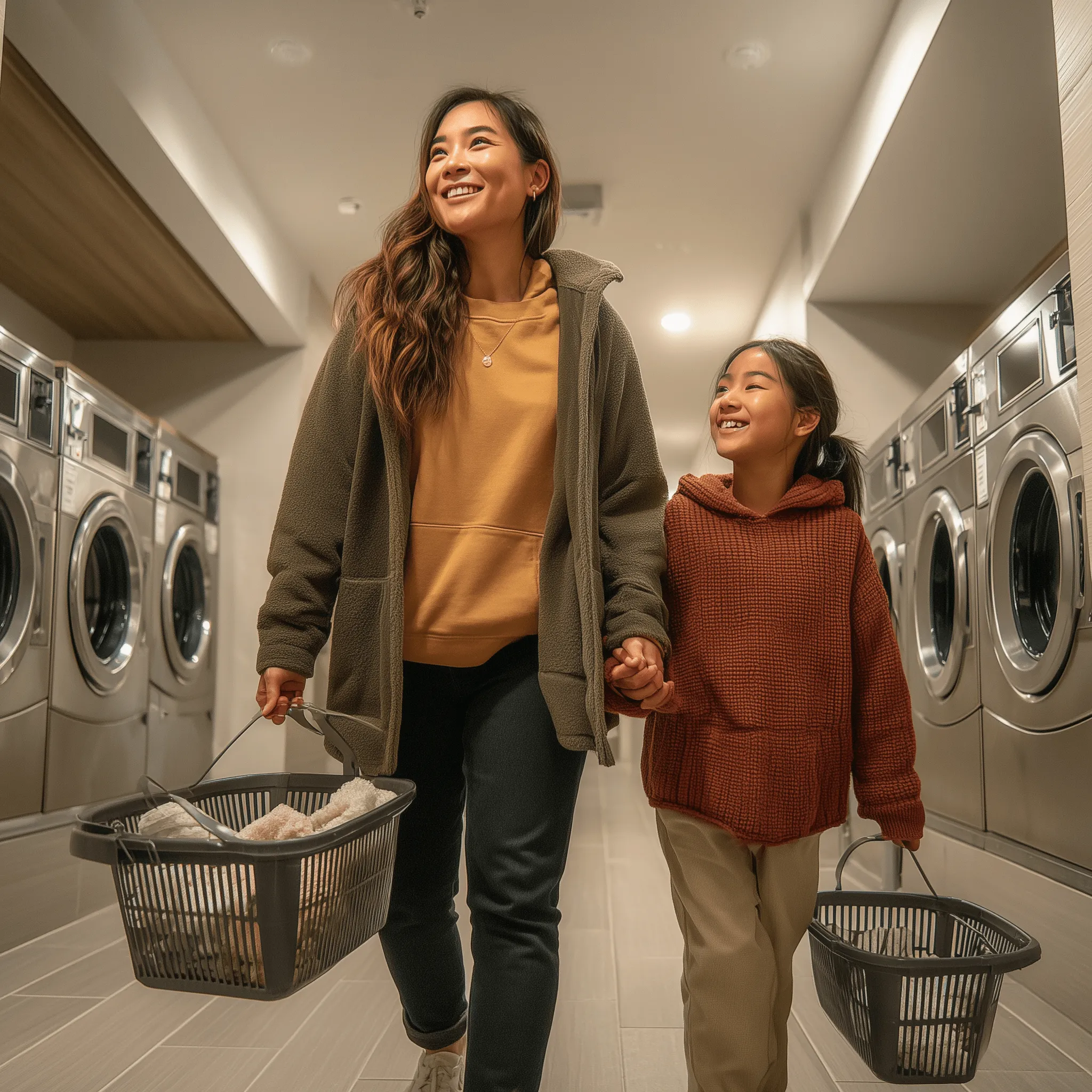 Mother and daughter smiling while doing laundry in a laundromat, carrying baskets.