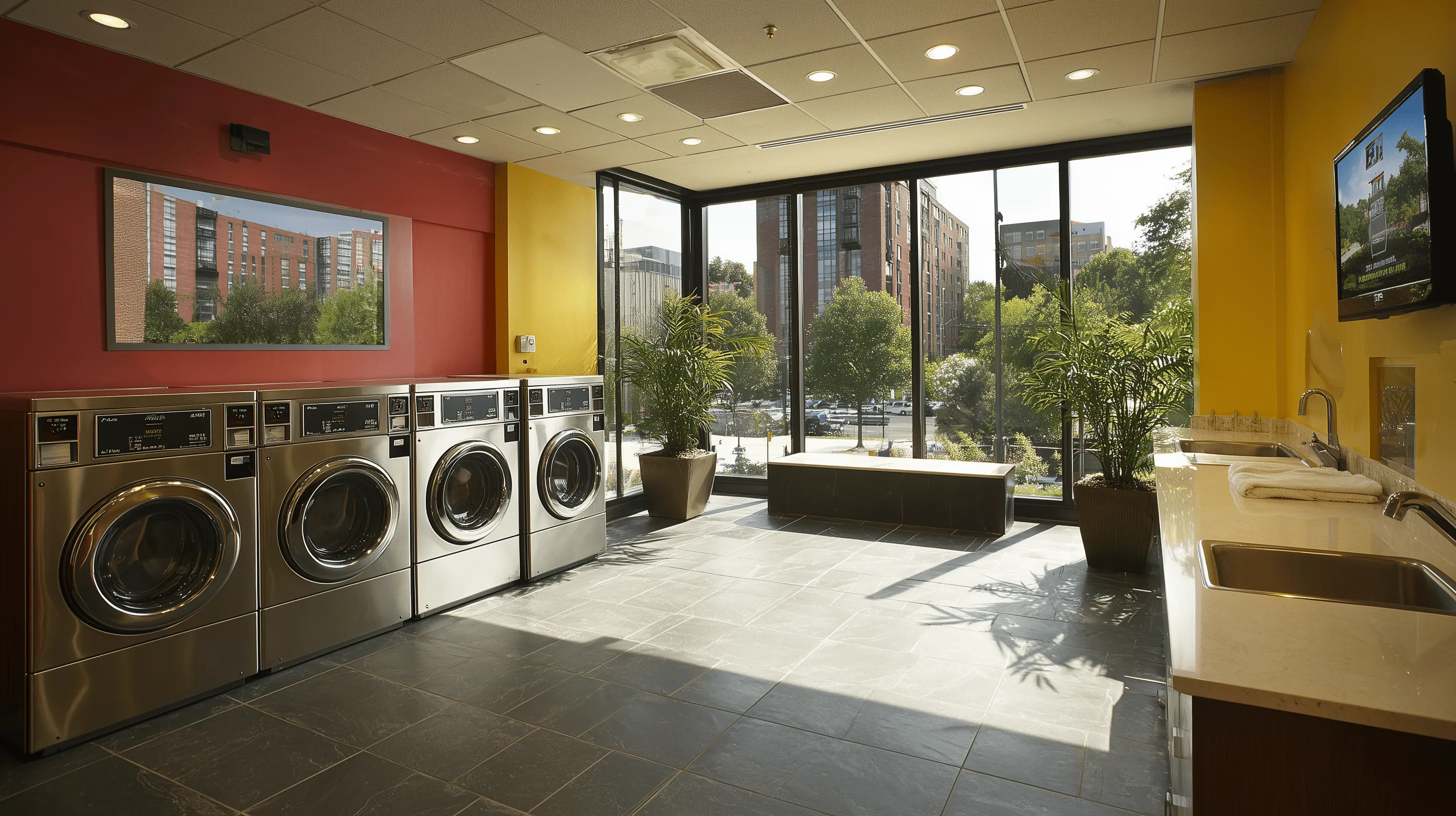 Modern laundromat with stainless steel washers, large windows, and indoor plants.