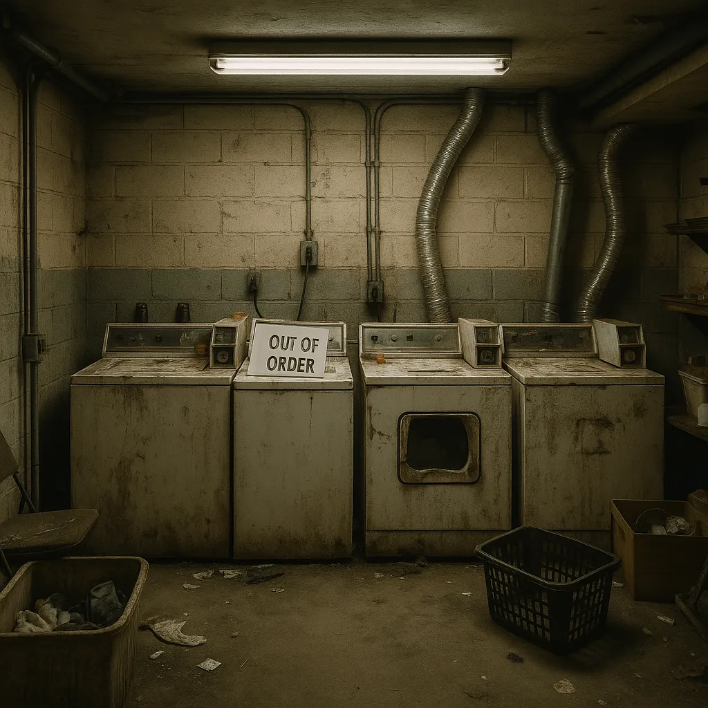 Old laundromat with three broken washing machines and an "out of order" sign.