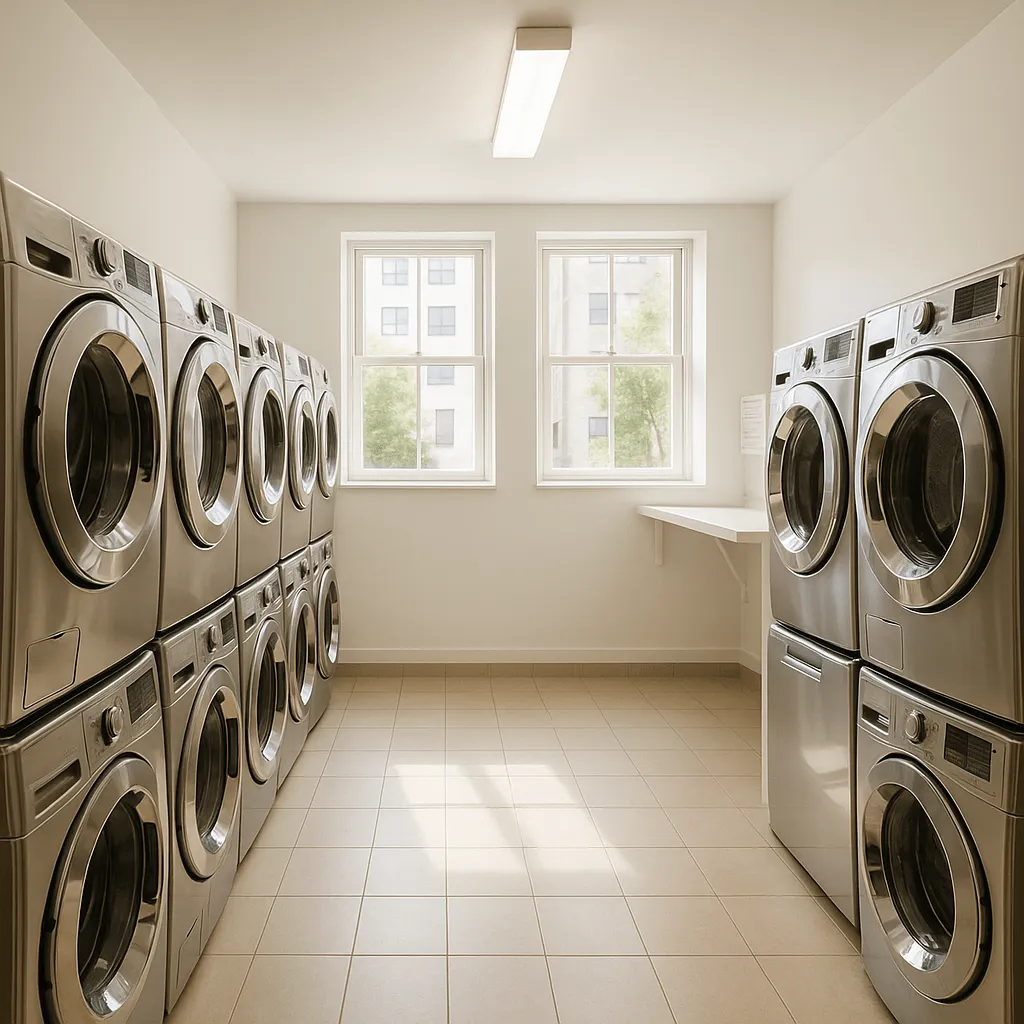 Modern laundry room with stainless steel washers and dryers in bright, clean space.