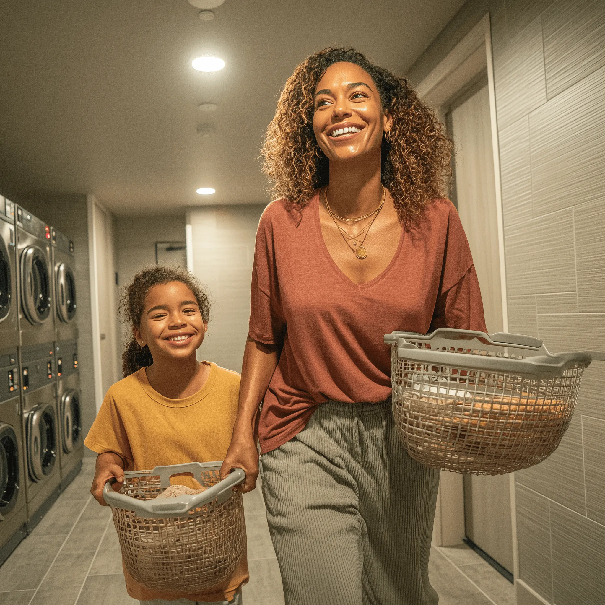 Mother and daughter doing laundry together in a laundromat.
