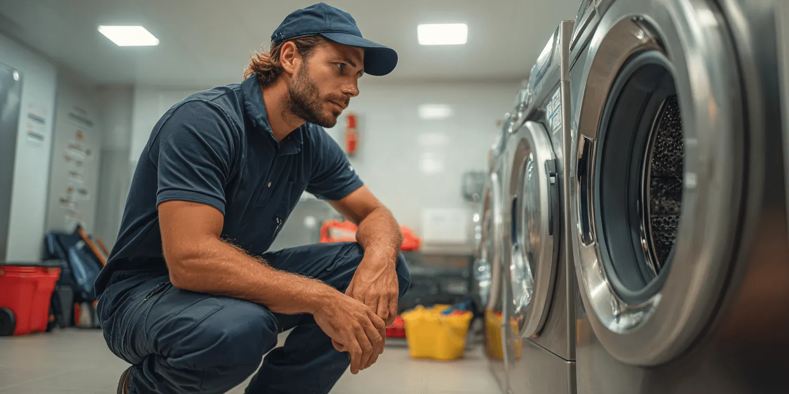 Laundry service technician inspecting commercial washing machine.