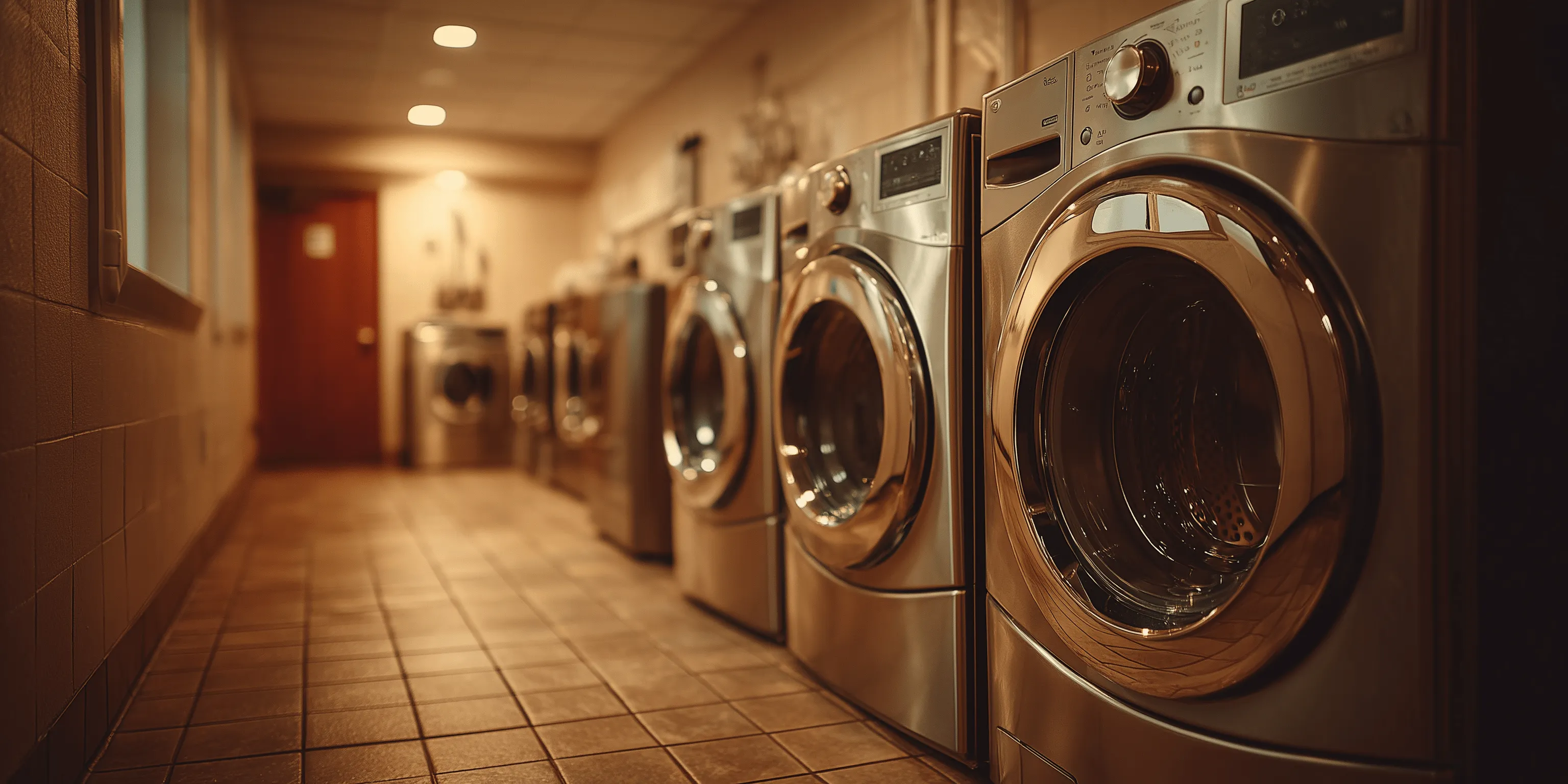 Row of modern stainless steel washing machines in a dimly lit laundry room.