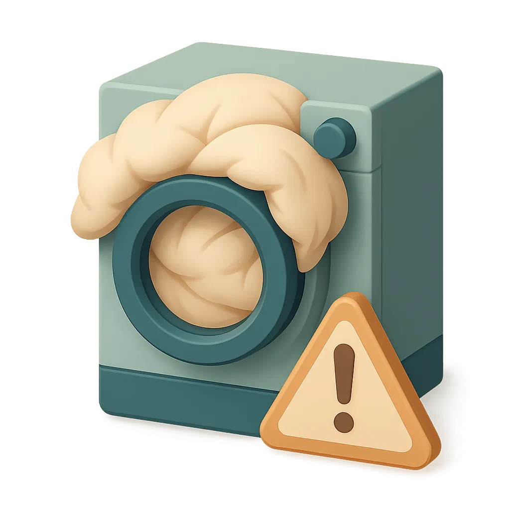 Dough overflowing from washing machine, warning sign.