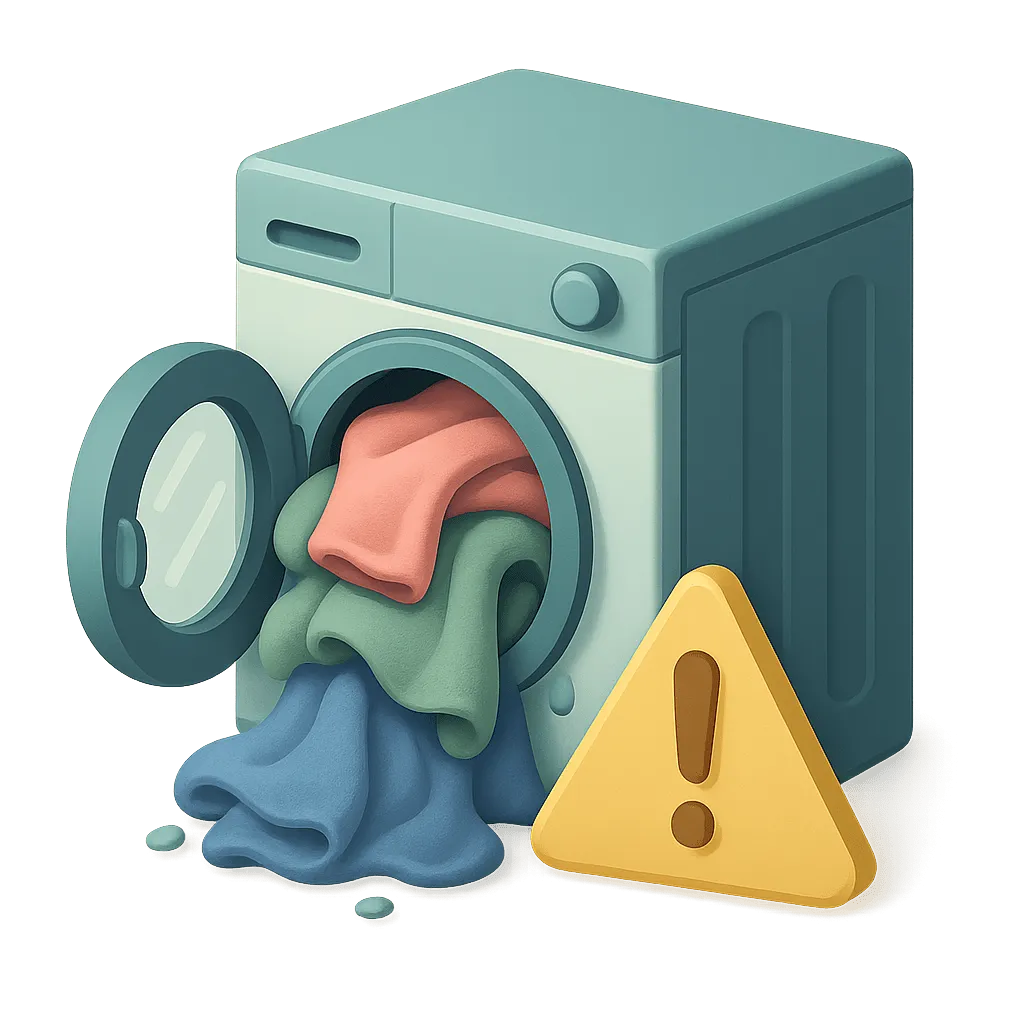 Washing machine overflowing with clothes and caution sign.