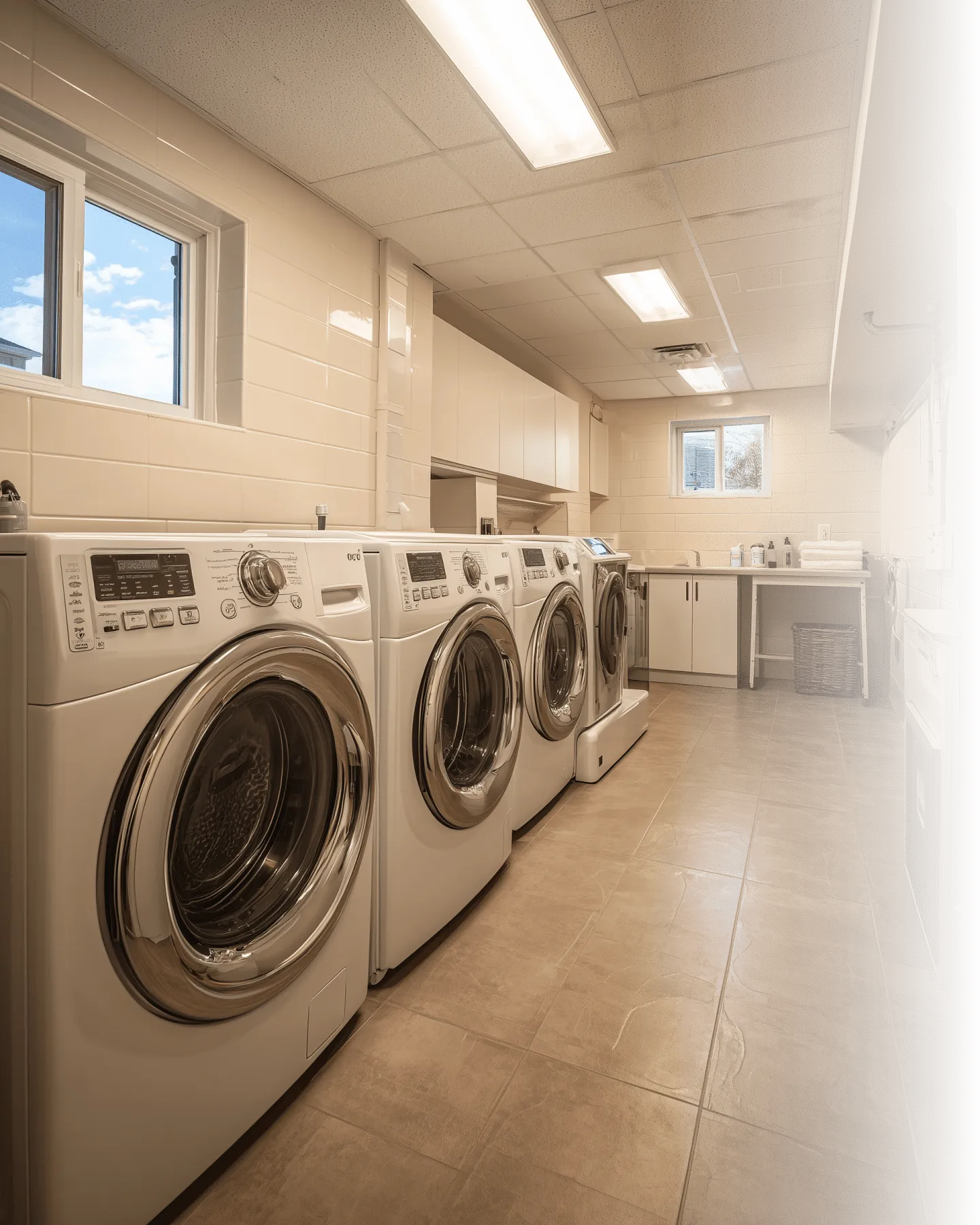 Modern laundry room with washing machines, countertop, shelves with white towels, large window with outdoor view.