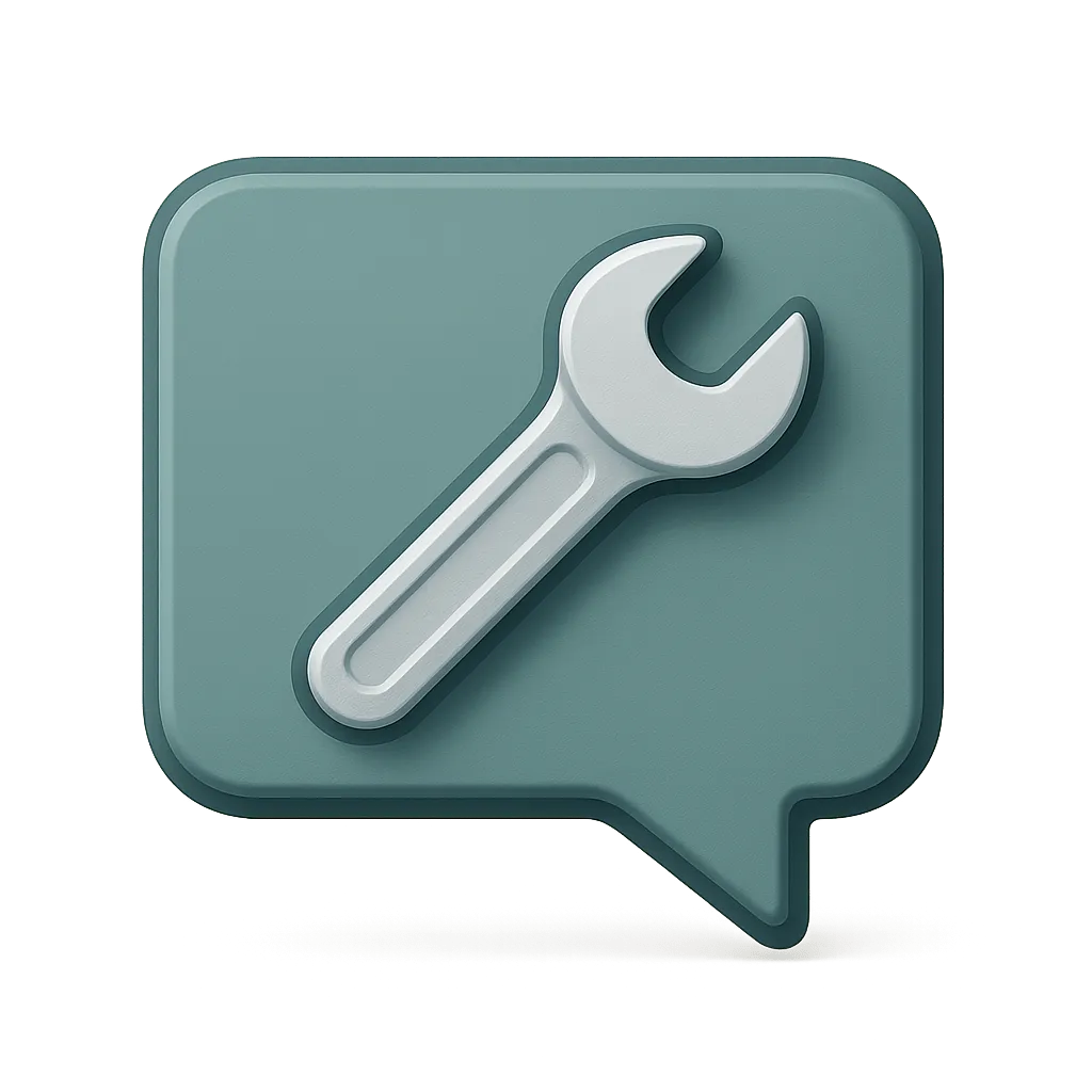 Wrench icon on a peach speech bubble background.