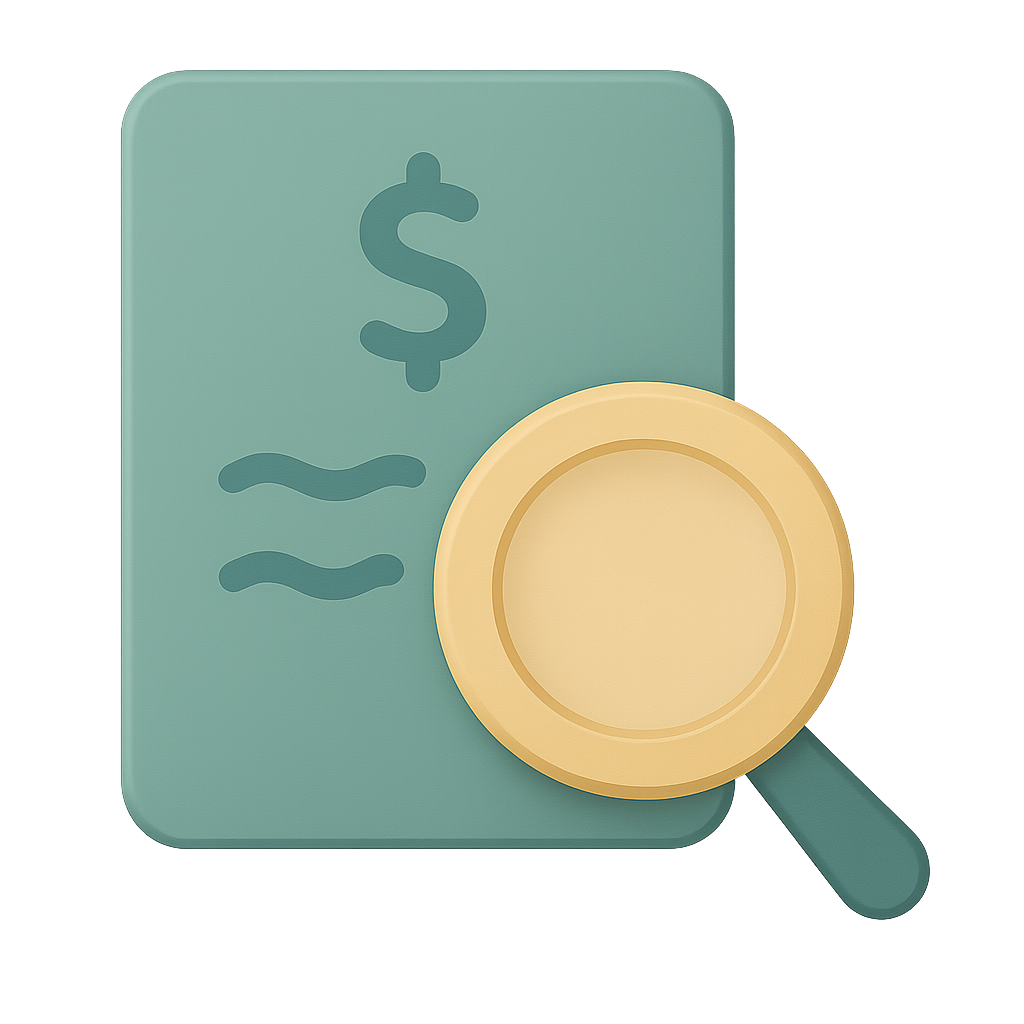 Magnifying glass icon with a document background, symbolizing search or analysis.