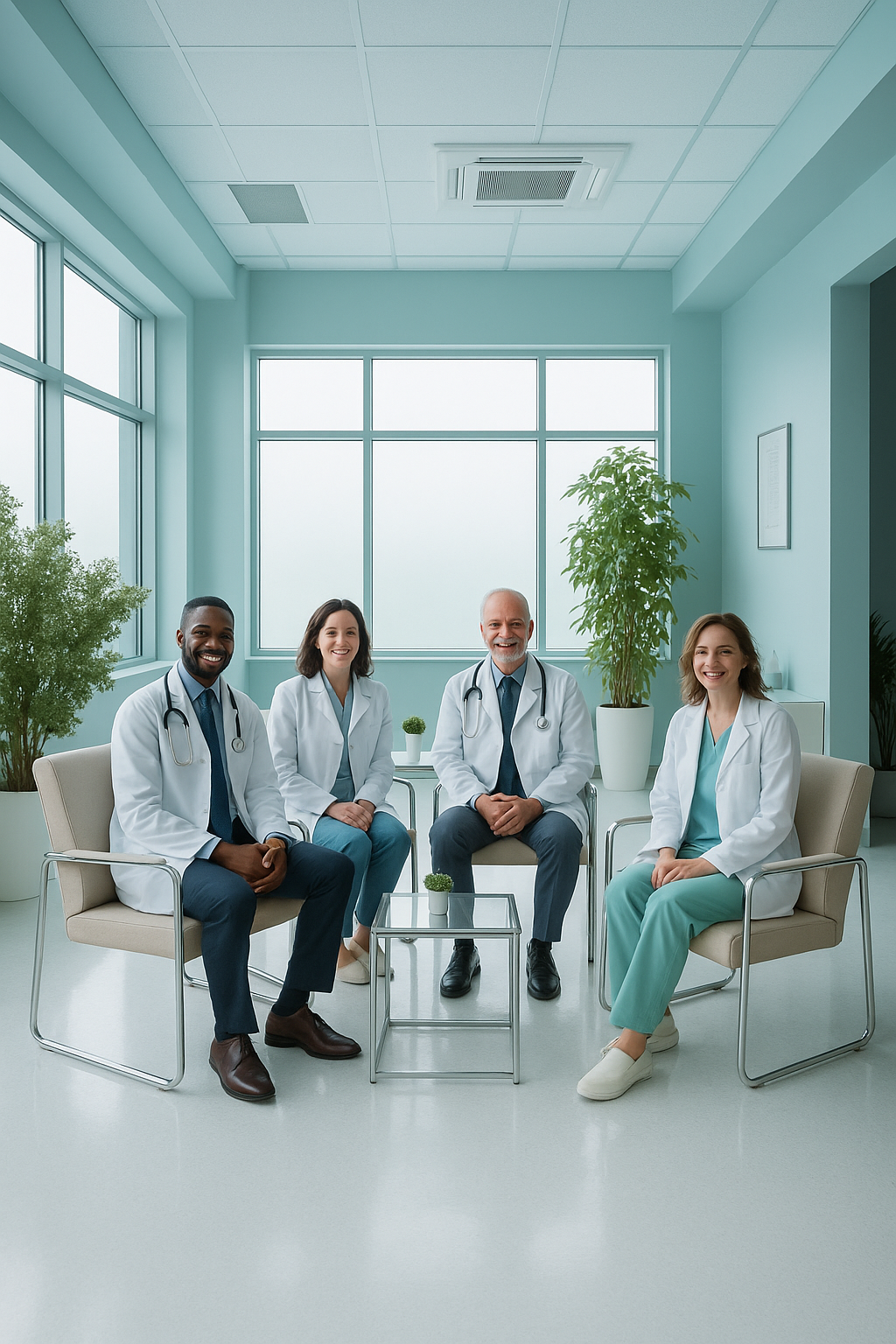 Four doctors smiling at the camera in a sunny lobby