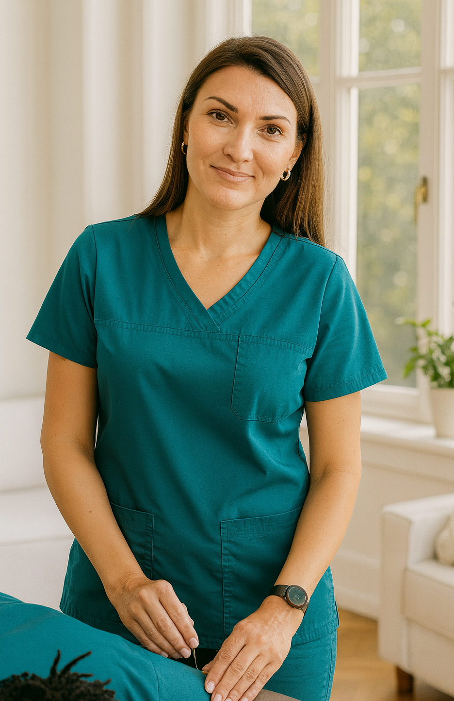 Nurse wearing green scrubs smiling at the camera