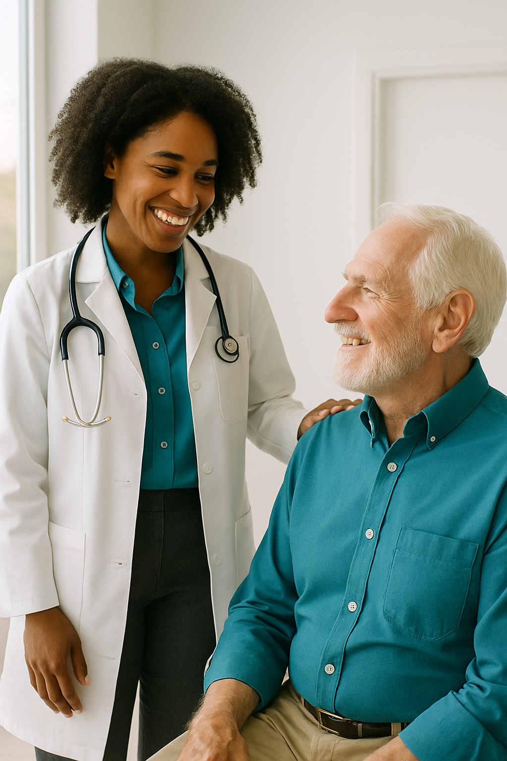 An African American female doctor with an older male caucasian patient.