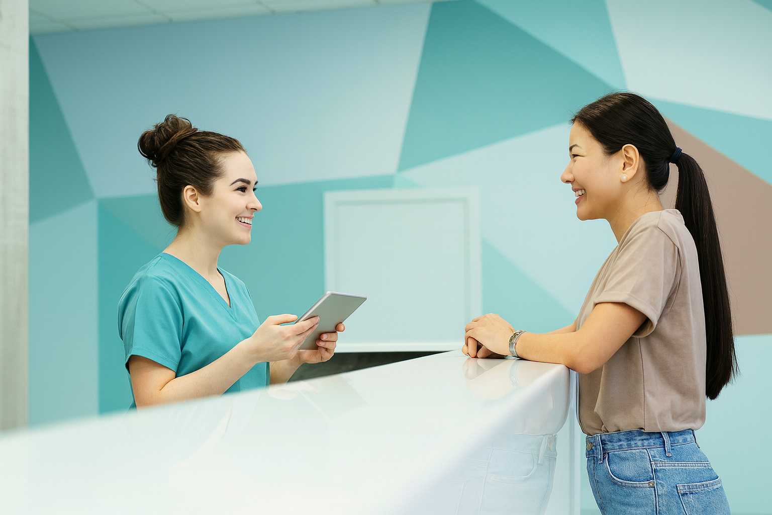 Two women greeting each other at the front desk of a facility