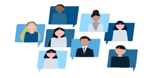 Various people depicted coming through speech bubbles.