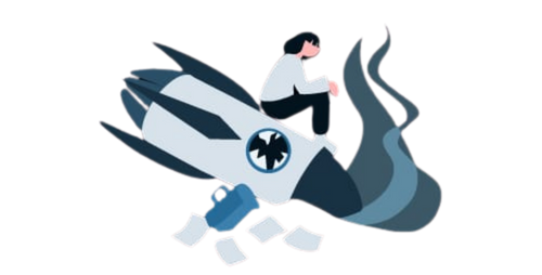 A girl sitting on a crashed rocket.