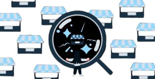 A girl in front of a magnifying glass showcasing one shop with others surrounding the magnifying glass.