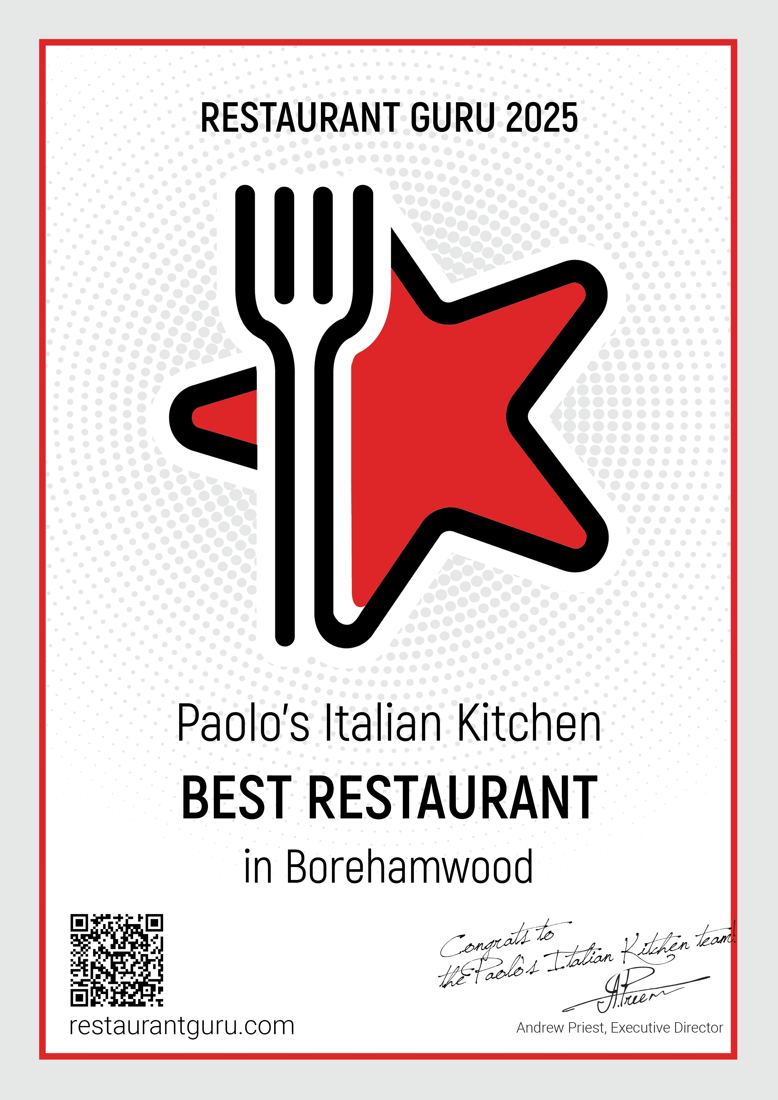 award by Restaurant Guru 2025 to Paolo's Italian Kitchen for best restaurant in Borehamwood