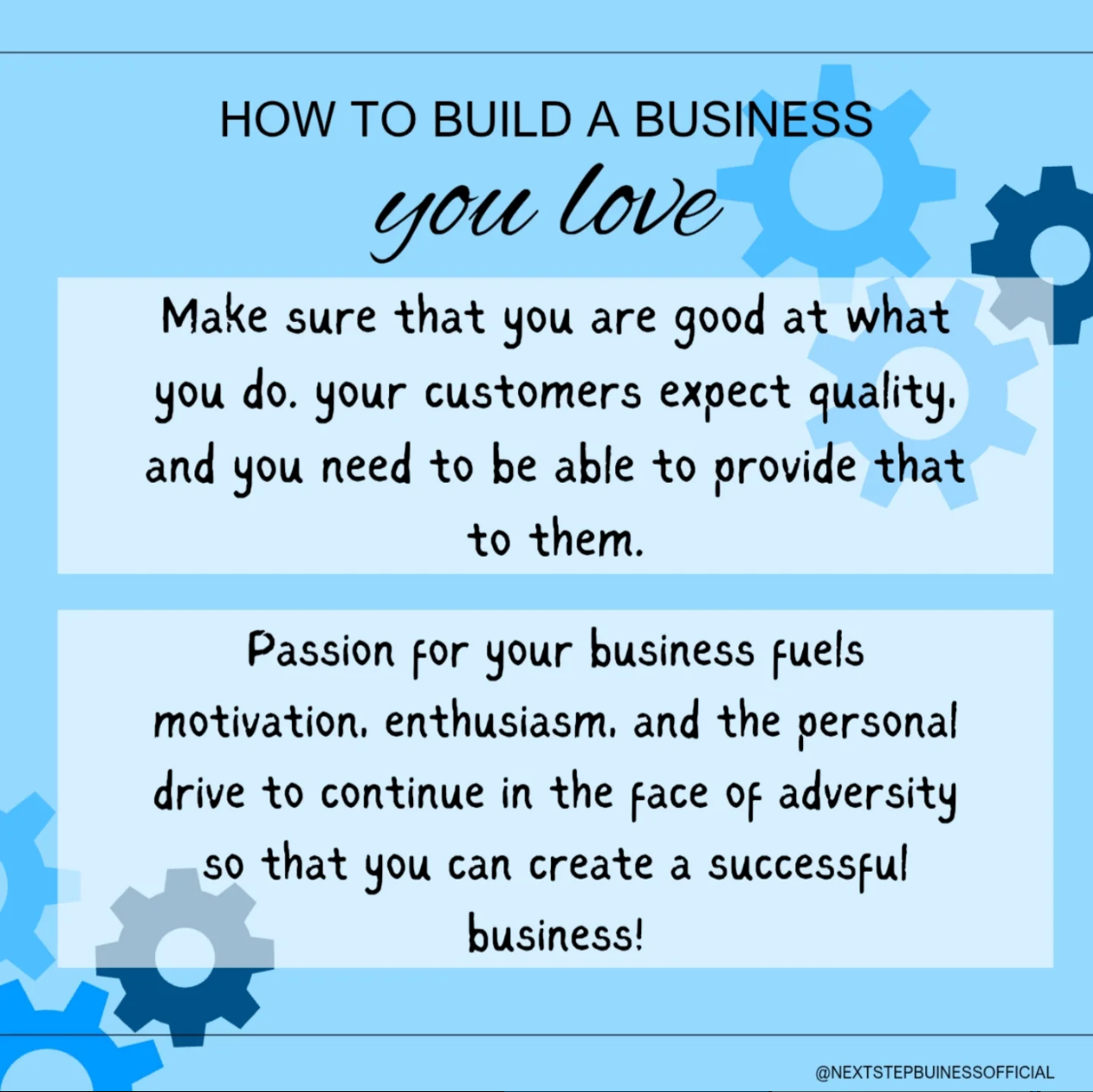 A light blue infographic with gear icons titled “How to Build a Business You Love.”