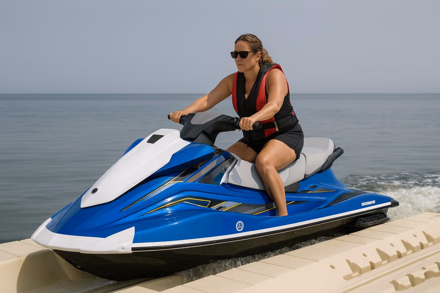 Woman wearing sunglasses and a life jacket riding a blue and white jet ski near a dock on calm water.