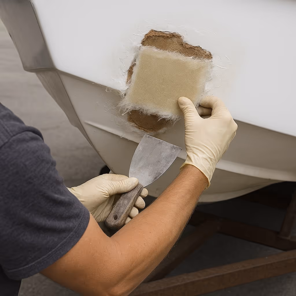 Person wearing gloves applying a fiberglass patch to a damaged area on a white boat hull using a putty knife.