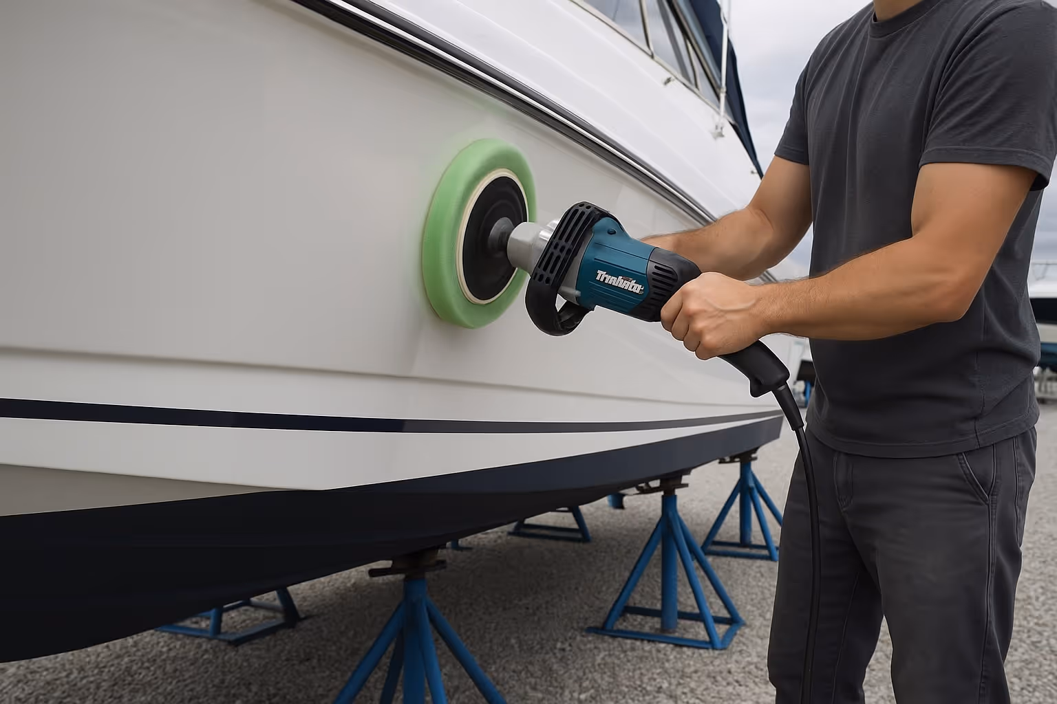 Man in a black shirt using a power buffer to polish the side of a white boat supported by blue stands on gravel.