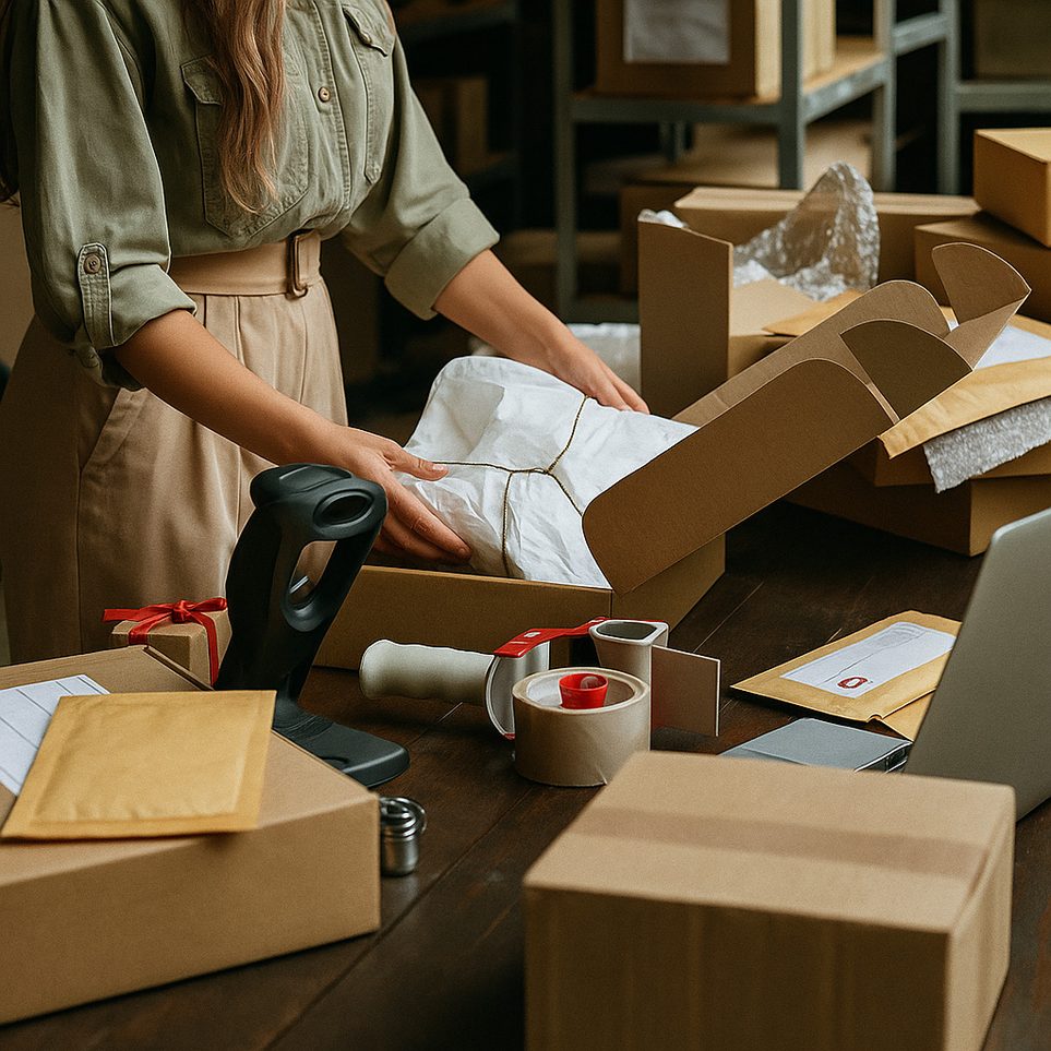 Worker packing products in cardboard boxes with shipping supplies on a table in a warehouse or fulfillment center.