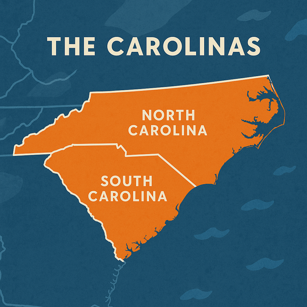 A stylized map showing North Carolina and South Carolina in orange, labeled with bold white text, set against a blue background with ocean wave patterns.