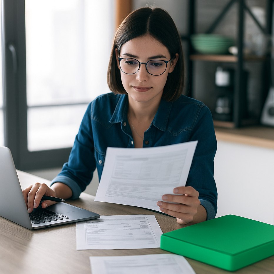 Professional woman reviewing financial documents at desk with laptop and green folder in modern office setting