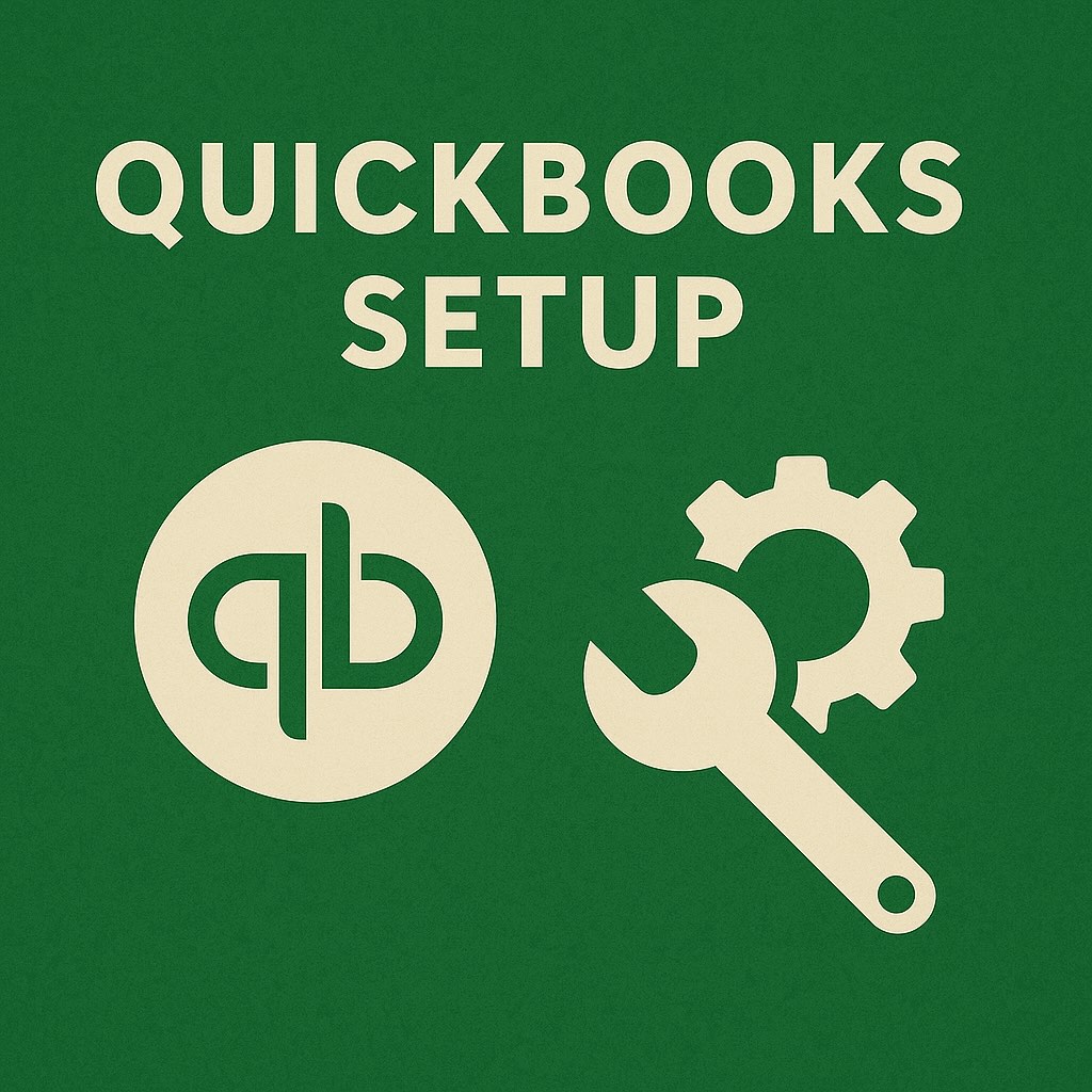 A green square graphic with the text "QUICKBOOKS SETUP" above icons of the QuickBooks logo, a wrench, and a gear, representing accounting software setup services.