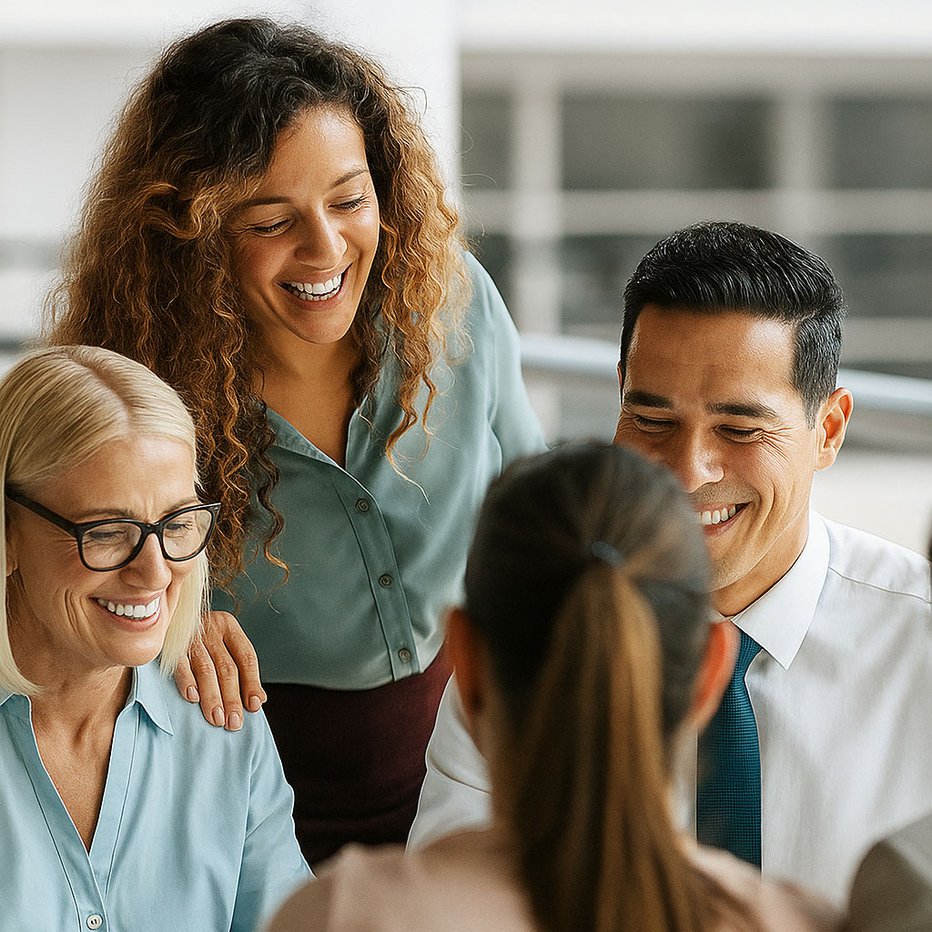 Diverse business team collaborating and smiling around a table in a modern office setting
