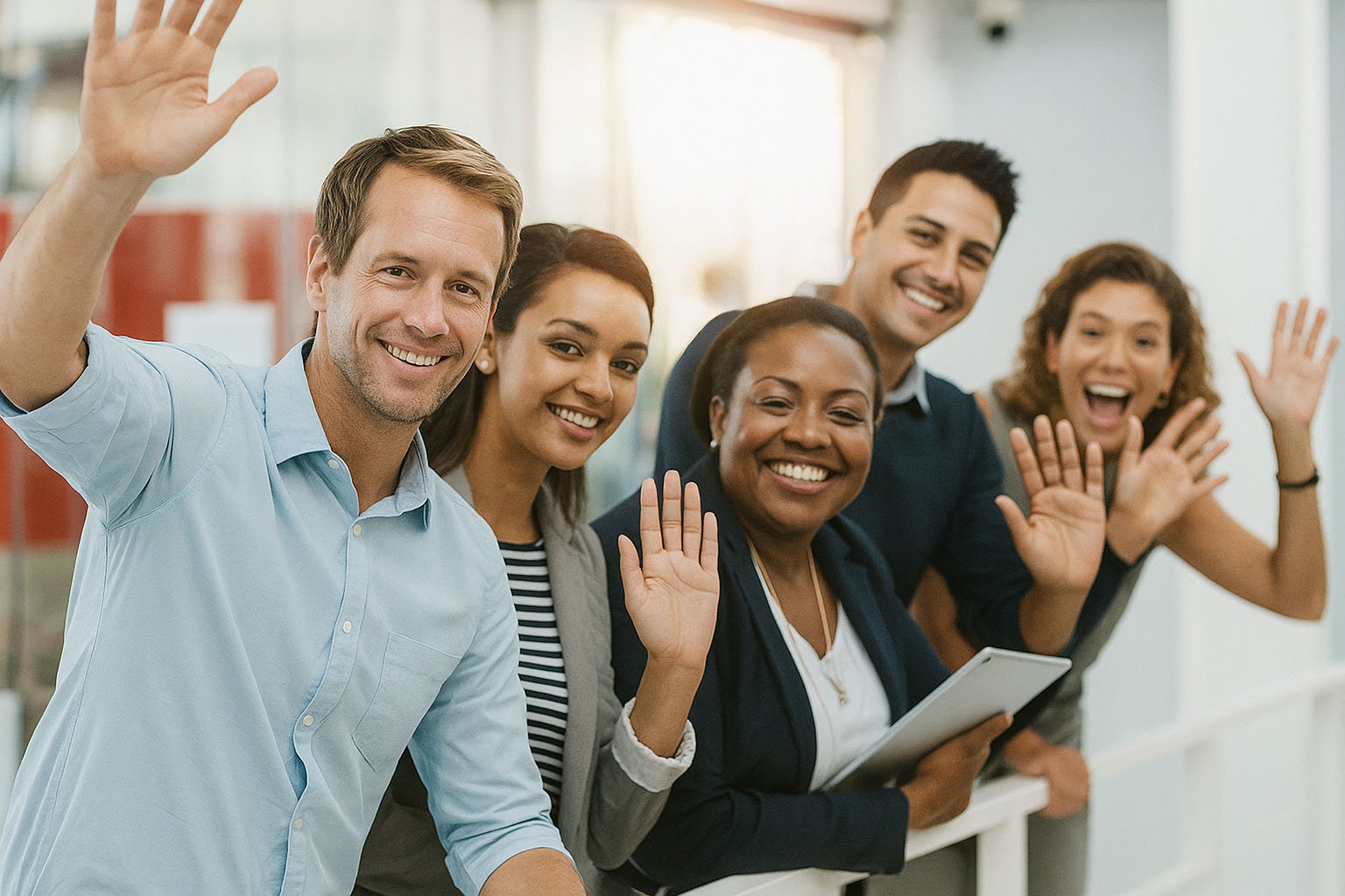 Diverse group of smiling professionals waving at the camera in a bright office setting, conveying a friendly and welcoming atmosphere.
