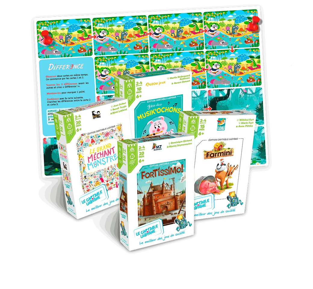 Jeux de société Le Grand Méchant Monstre, Fortissimo!, Farmini et Musik'Ochons avec un jeu de différences en arrière-plan.
