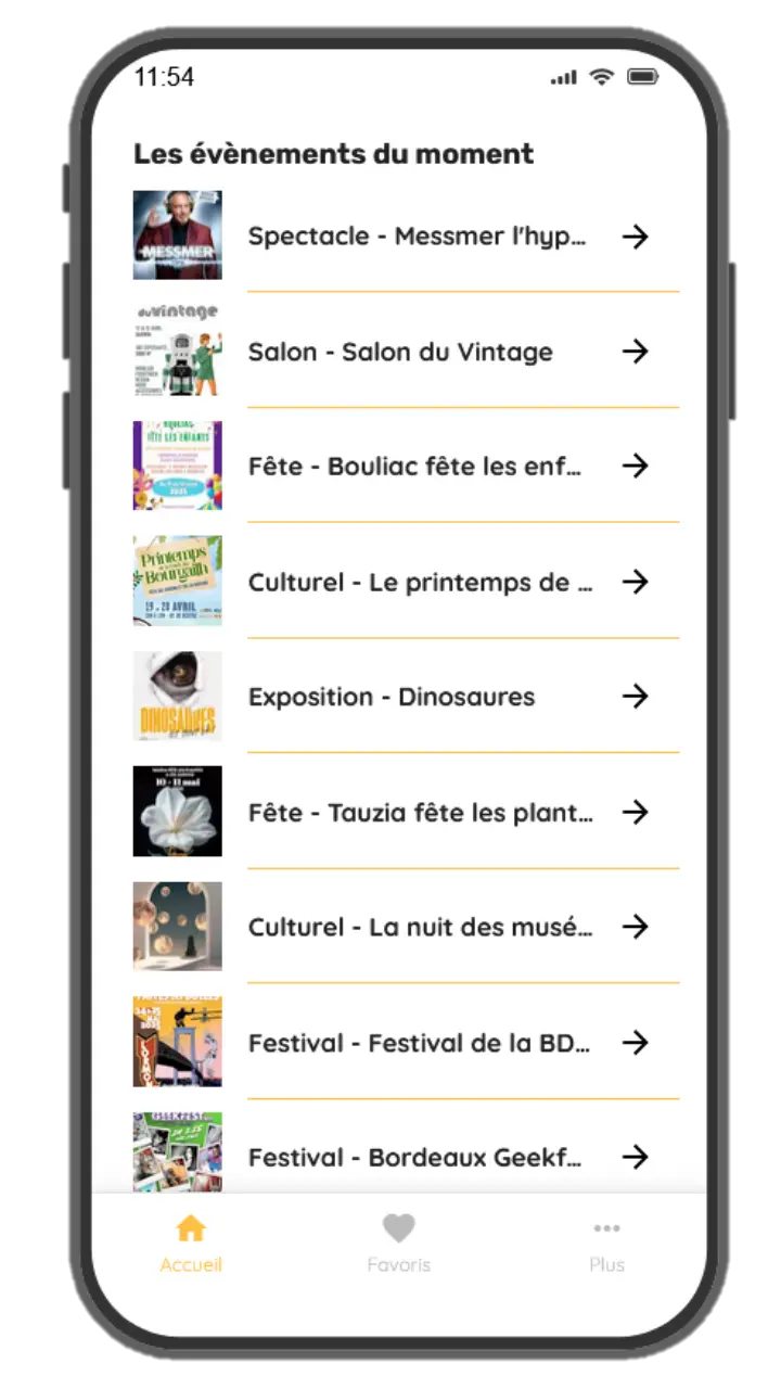 Image d'un extrait de l'application mobile montrant plusieurs évènements à venir