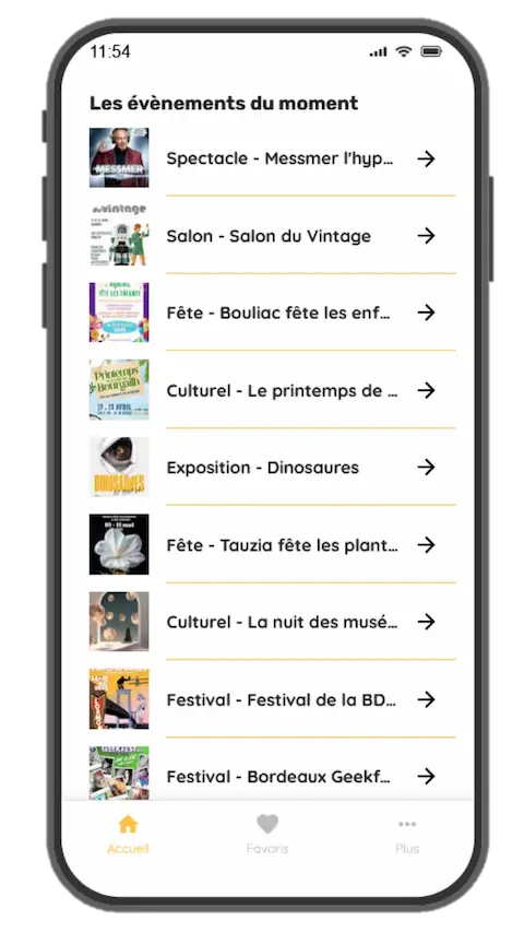 Image d'un extrait de l'application mobile montrant plusieurs évènements à venir