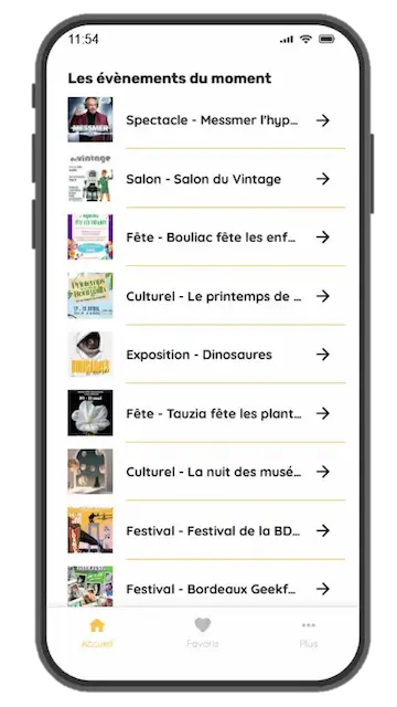 Image d'un extrait de l'application mobile montrant plusieurs évènements à venir