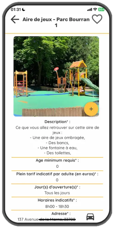 Extrait des infos utiles d'une aire de jeux