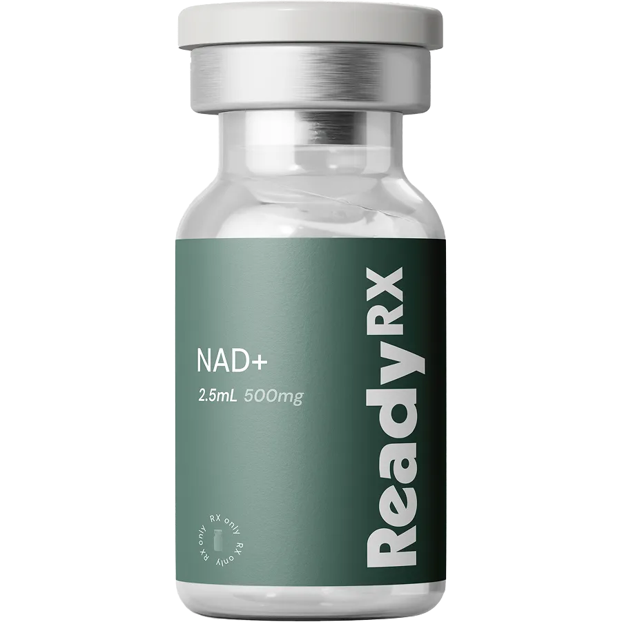 A clear vial with a metallic cap labeled “NAD+ 2.5mL 500mg” and “Ready RX” in bold white letters on a green background, intended for prescription use as part of science-based care and personalized plans.