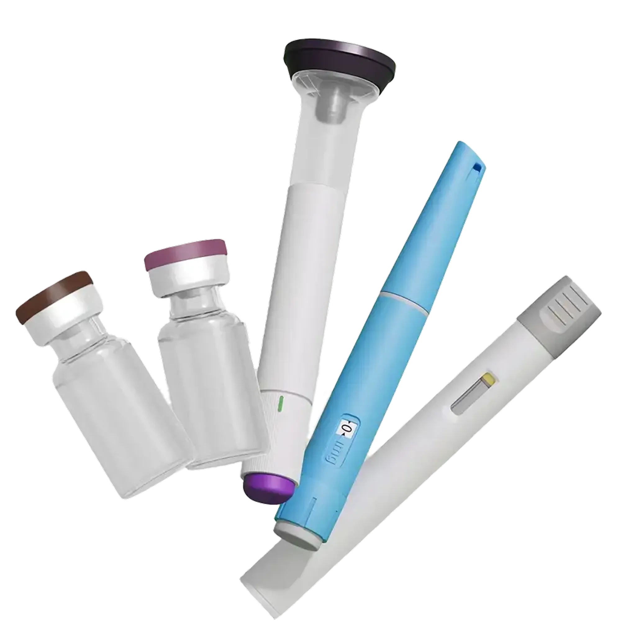 Two glass vials with brown and purple caps are next to three medical injection devices, including a GLP-1 Injection pen, highlighting the role of science-based care in delivering effective treatment for weight loss..