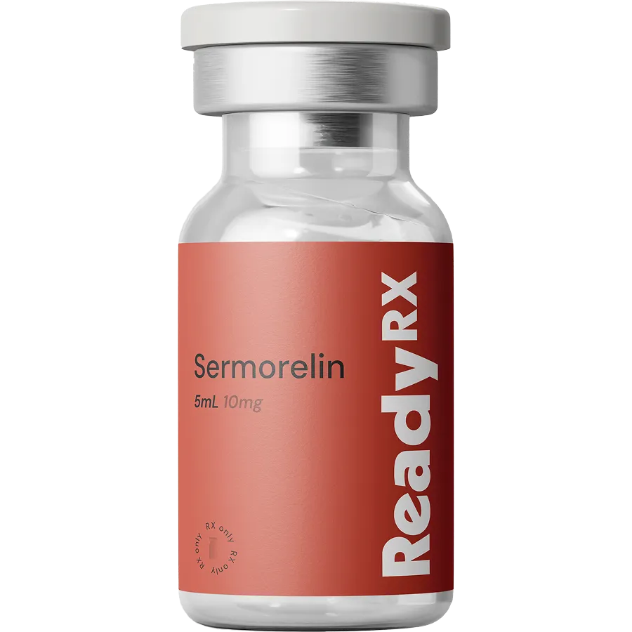 A clear vial with a silver cap and a red label that reads Sermorelin 5mL 10mg and Ready RX in white text, reflecting science-based care intended for precise medical use.