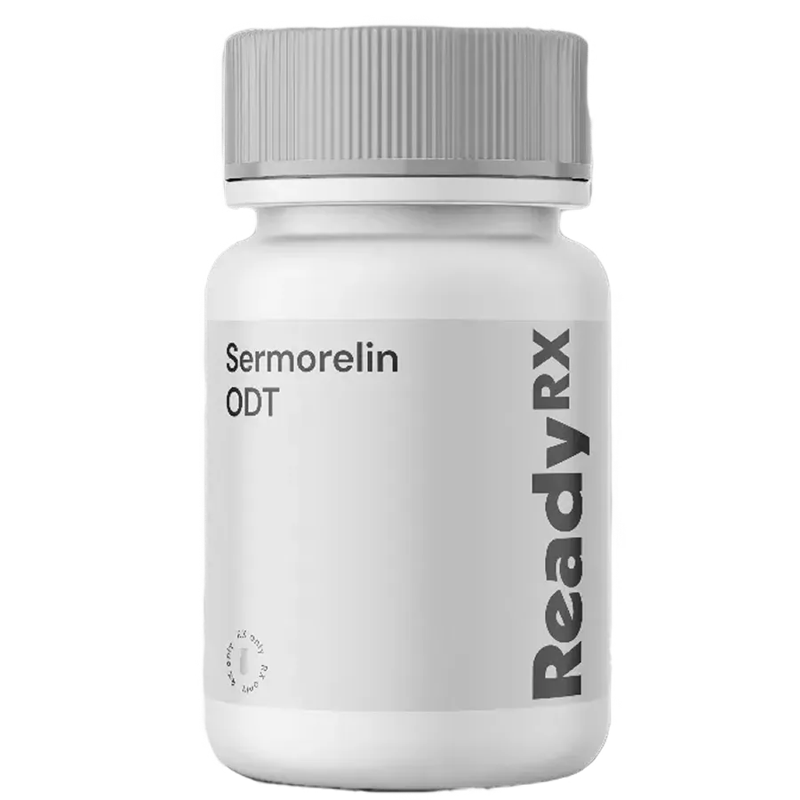 A white prescription pill bottle labeled Sermorelin ODT with the brand name ReadyRX printed vertically on the right side. The bottle, featuring a gray ribbed cap, reflects our commitment to science-based care and personalized plans.