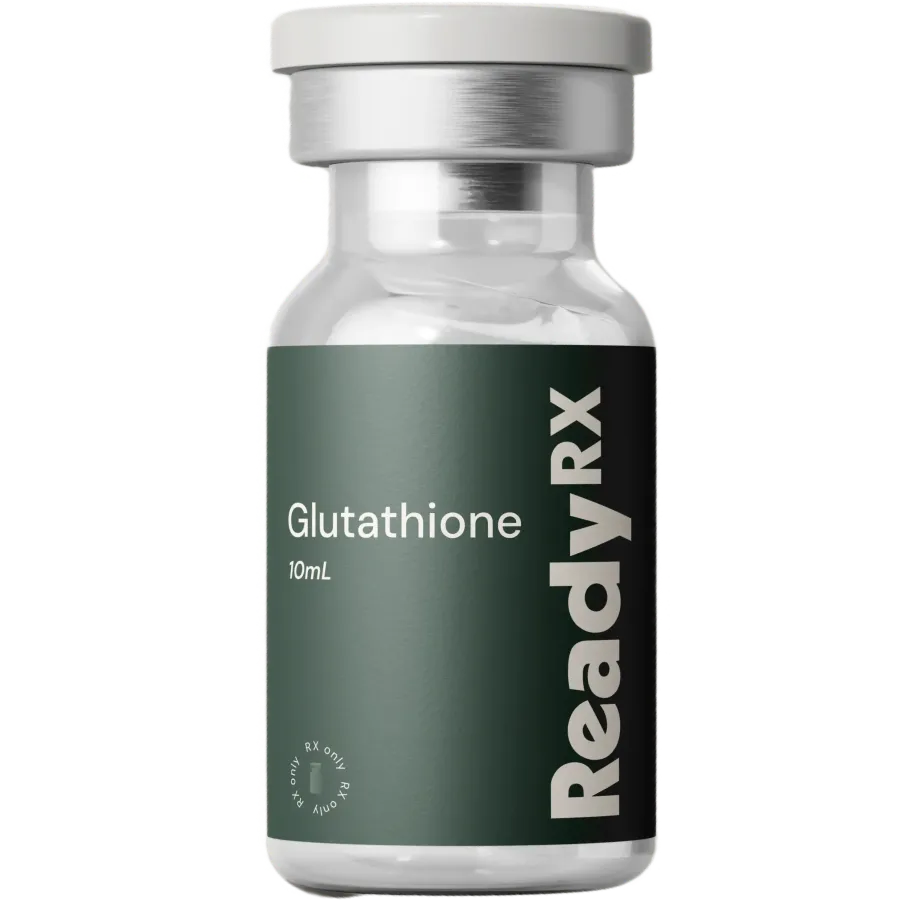 A clear glass vial with a silver cap, labeled Glutathione 10 mL and Ready RX in white text on a dark green background. This unused vial supports science-based care and personalized plans for optimal wellness.