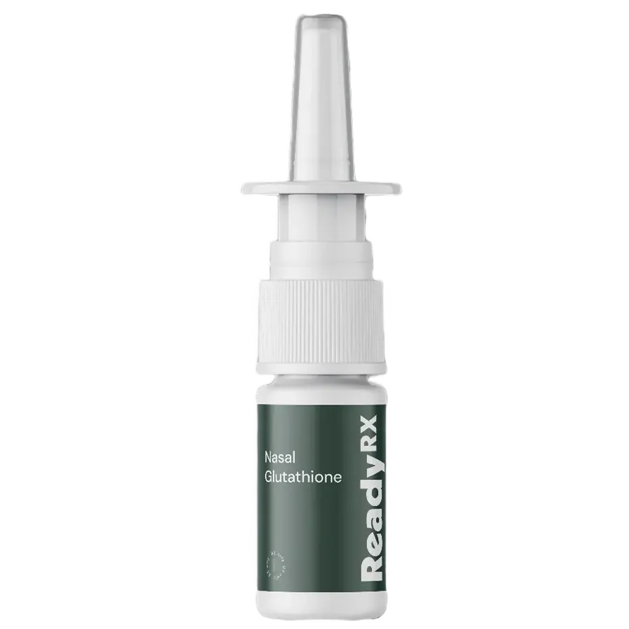 A Glutathione Nasal Spray bottle labeled ReadyRX Nasal Glutathione with a white cap, green label, and white text is shown against a transparent background, ideal for those seeking science-based care.