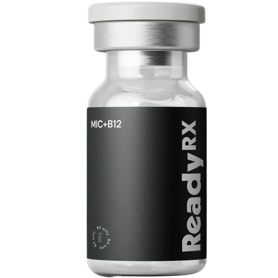 A clear vial with a silver cap and a black label that reads MIC+B12 5mL 10mg and Ready RX in white text, reflecting science-based care intended for precise medical use.