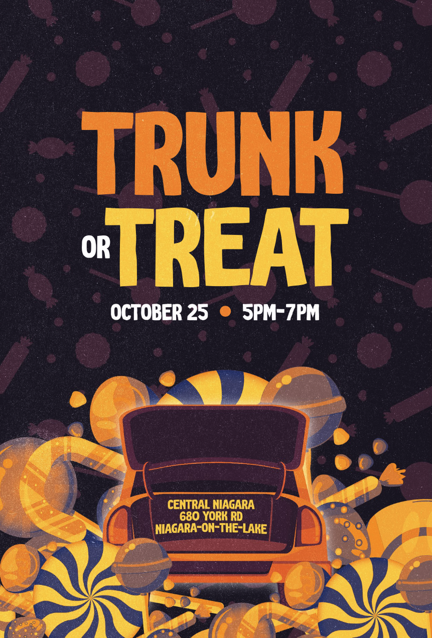 Trunk or Treat postcard featuring an open car trunk
             surrounded by colourful Halloween candy.