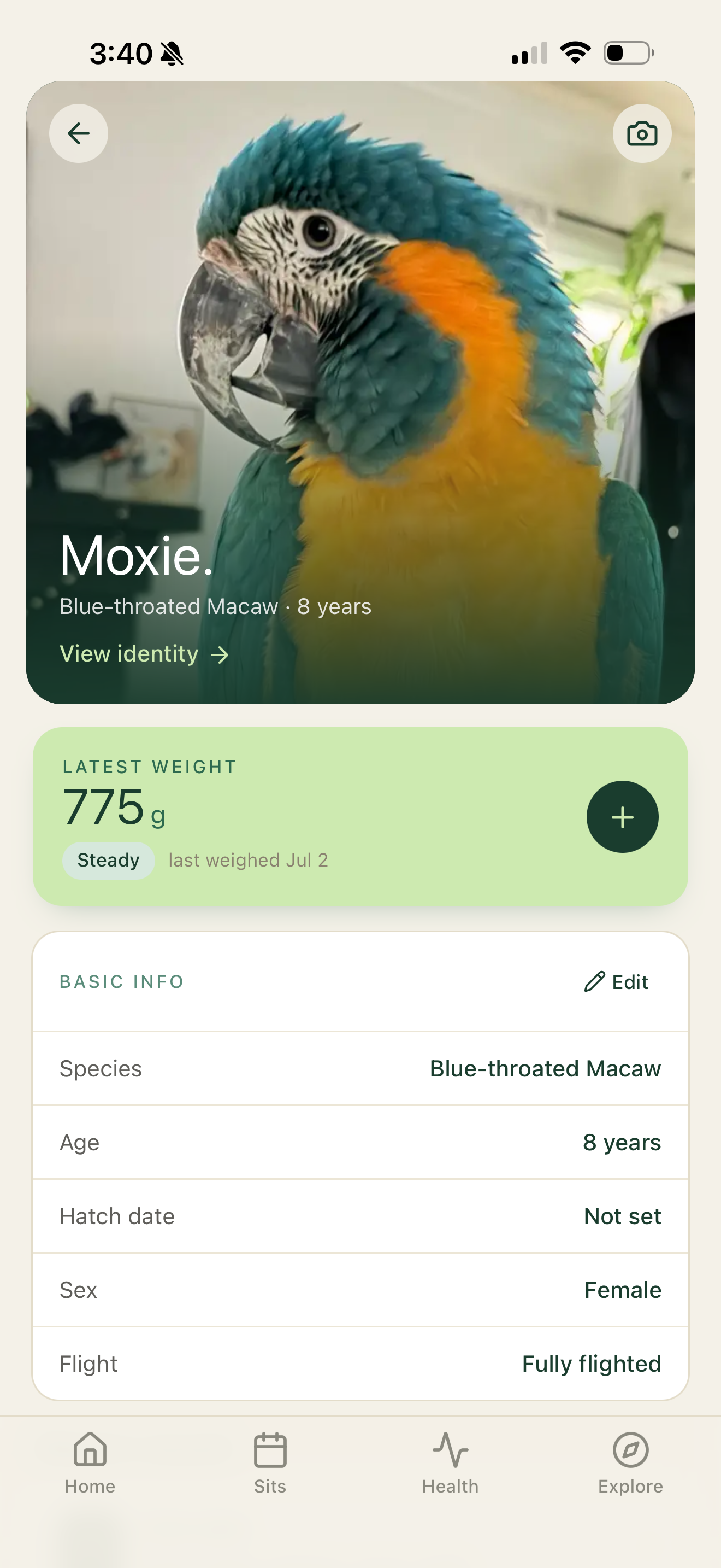 A bird profile page for Moxie, a Blue-throated Macaw, showing weight, species, age, and other details