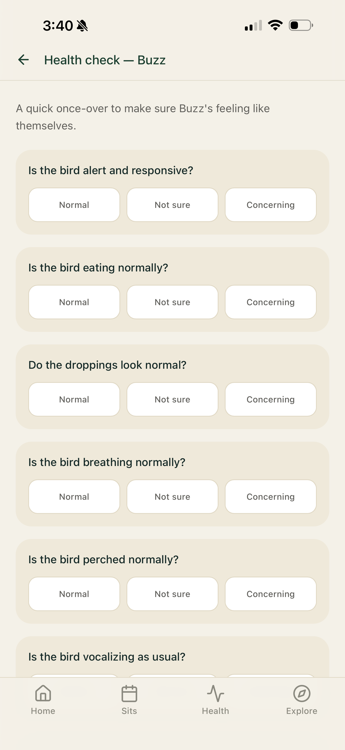 A daily health check for Buzz with questions about alertness, eating, droppings, breathing, and perching