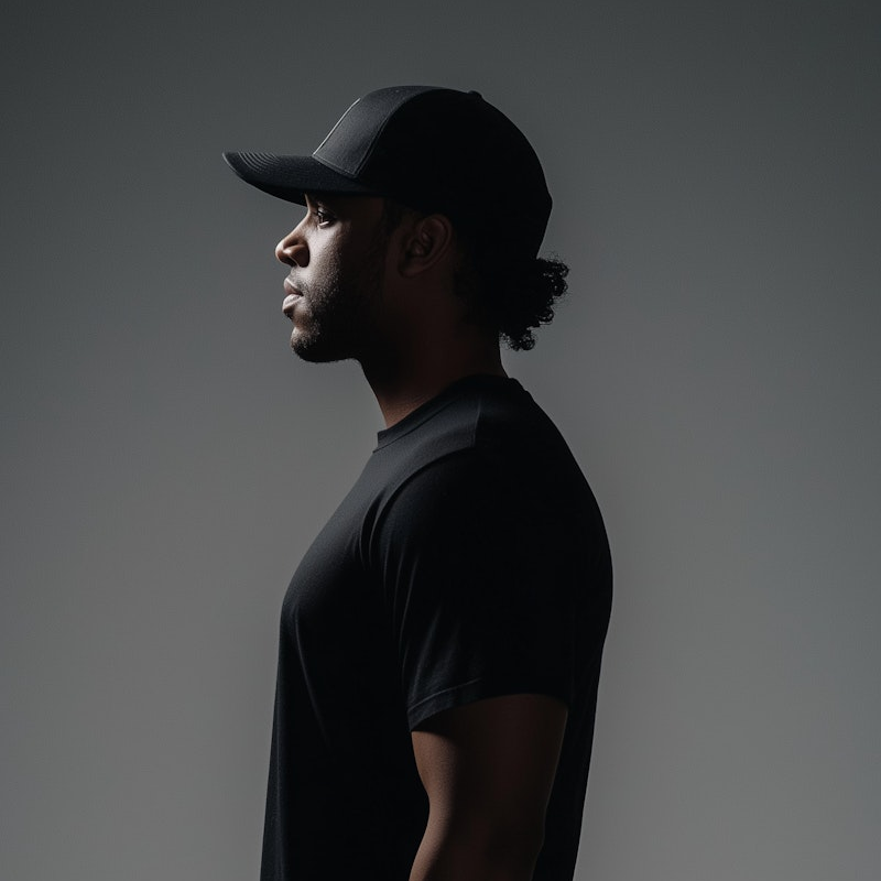 A man wearing a black hat and a black t - shirt.