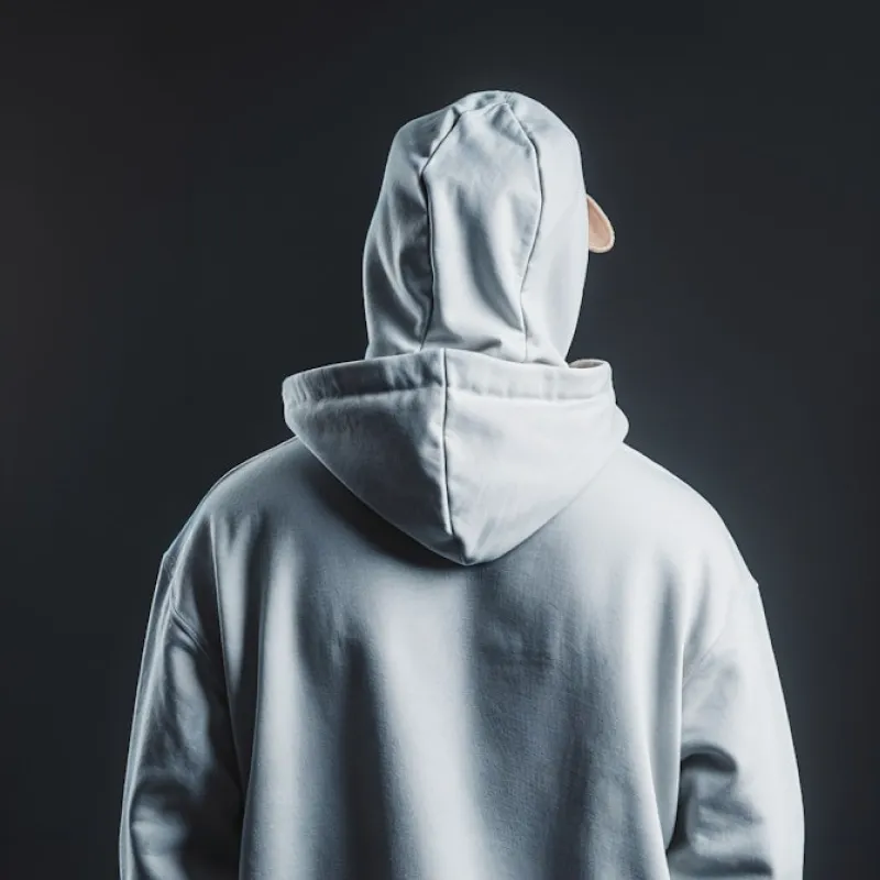 A man in a white hoodie is facing away from the camera.