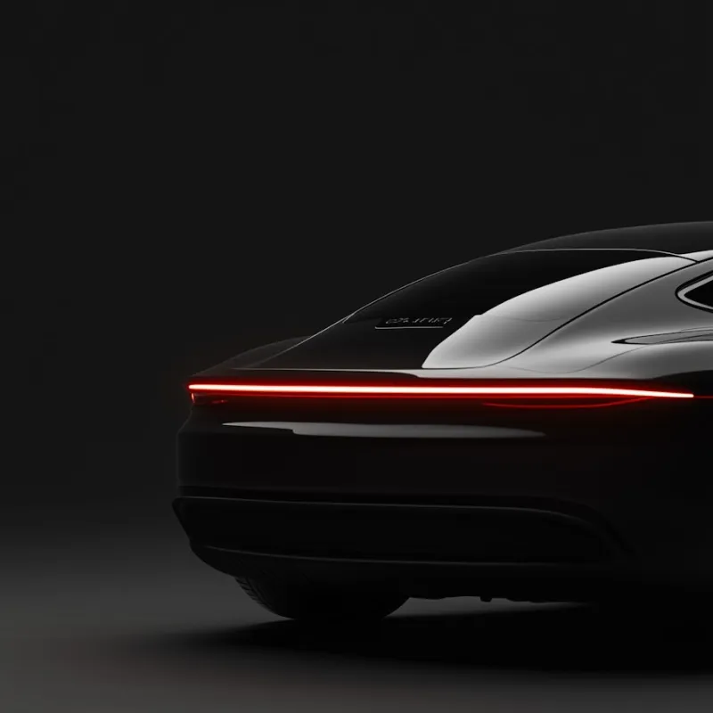 A black and white car with a red tail light.